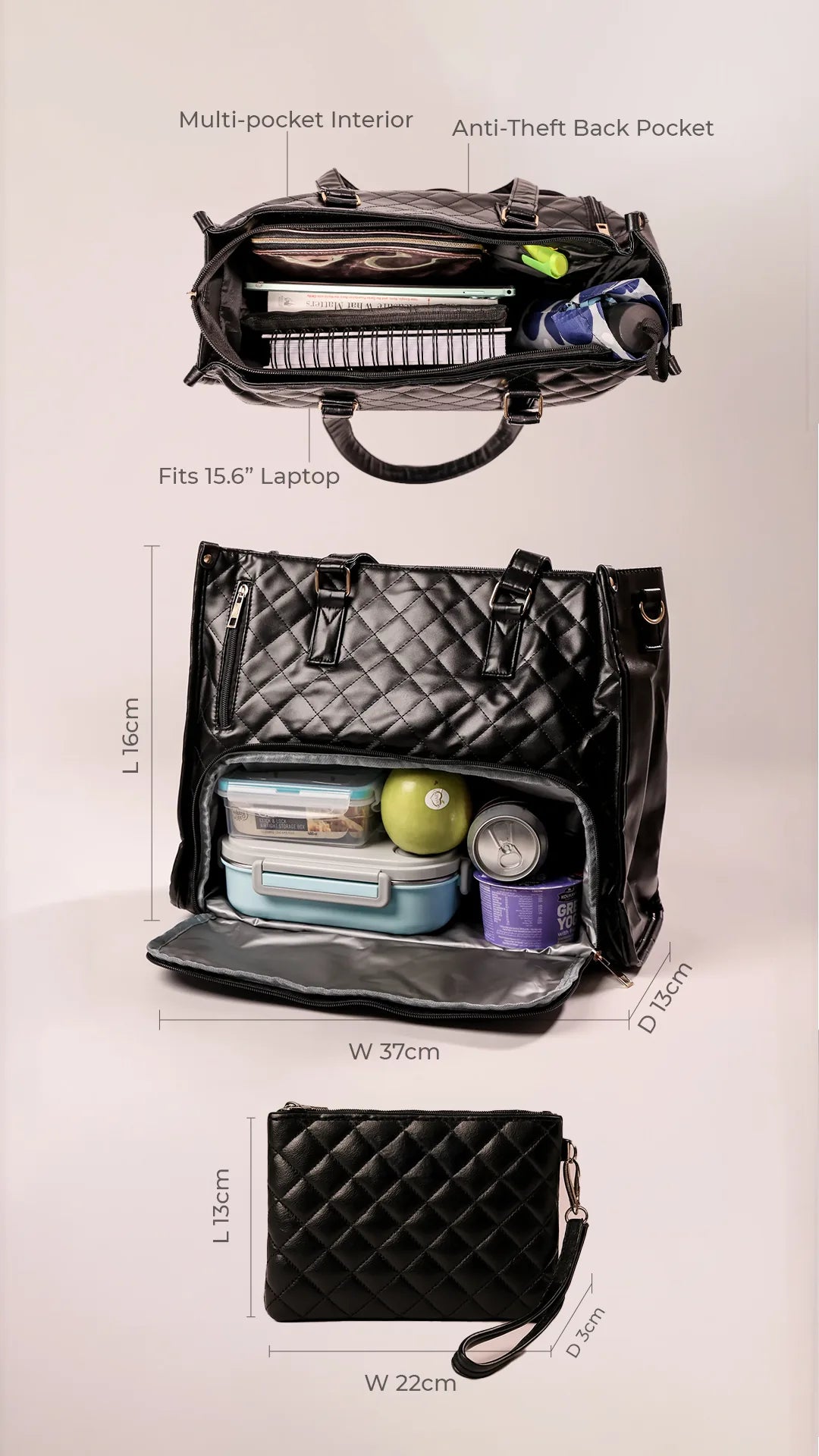 Hera work tote infographic — insulated cooler compartment with lunch, padded 15.6-inch laptop sleeve, anti-theft pocket and dimensions