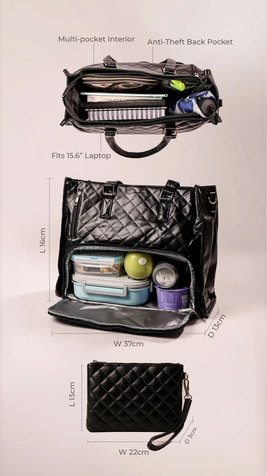 Hera work tote infographic — insulated cooler compartment with lunch, padded 15.6-inch laptop sleeve, anti-theft pocket and dimensions