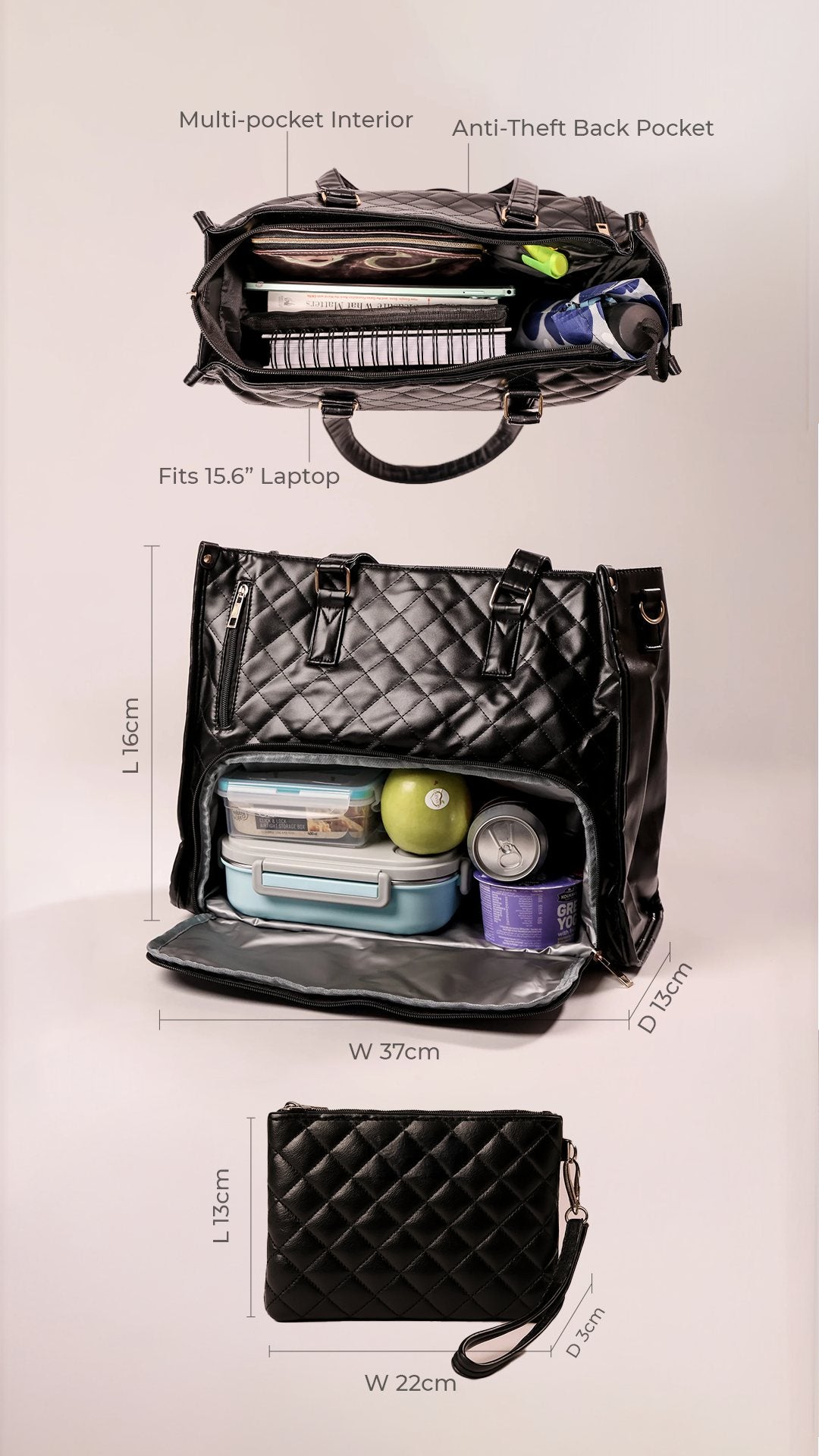 Hera work tote infographic — insulated compartment packed with lunch, fits a 15.6-inch laptop, anti-theft back pocket and free matching wristlet, with dimensions