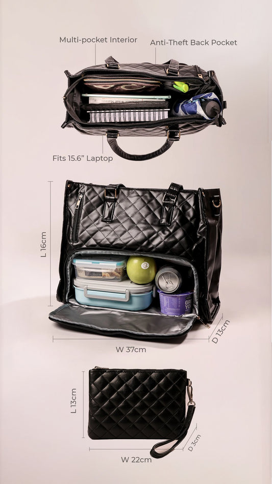 Hera work tote infographic — insulated compartment packed with lunch, fits a 15.6-inch laptop, anti-theft back pocket and free matching wristlet, with dimensions
