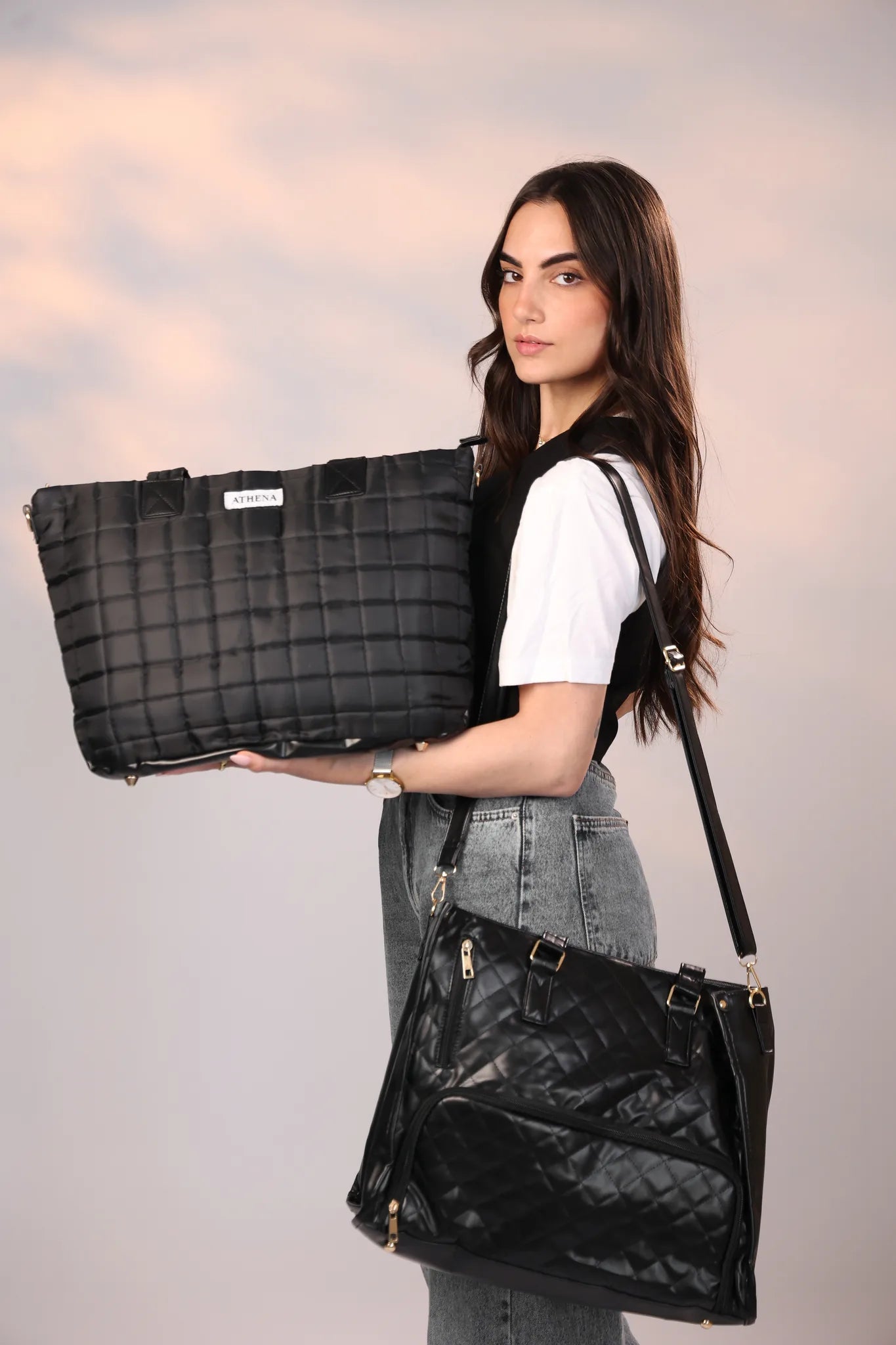 Woman carrying the Athena tote — everyday work-to-weekend look