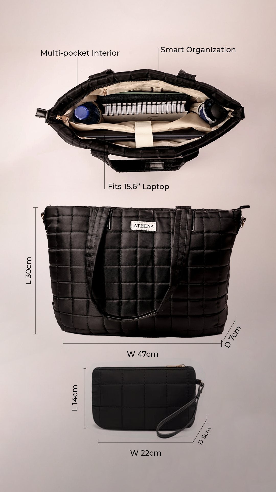 Athena Nyx nylon tote infographic — multi-pocket smart-organisation interior, fits a 15.6-inch laptop, with dimensions
