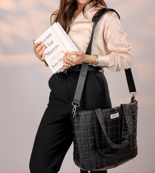 Athena Nyx tote worn crossbody for an everyday commute
